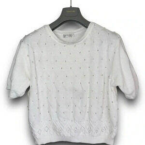 Liz Claiborne M White Embellished‎ Short Sleeve Sweater Cable Diamond Knit Bling
